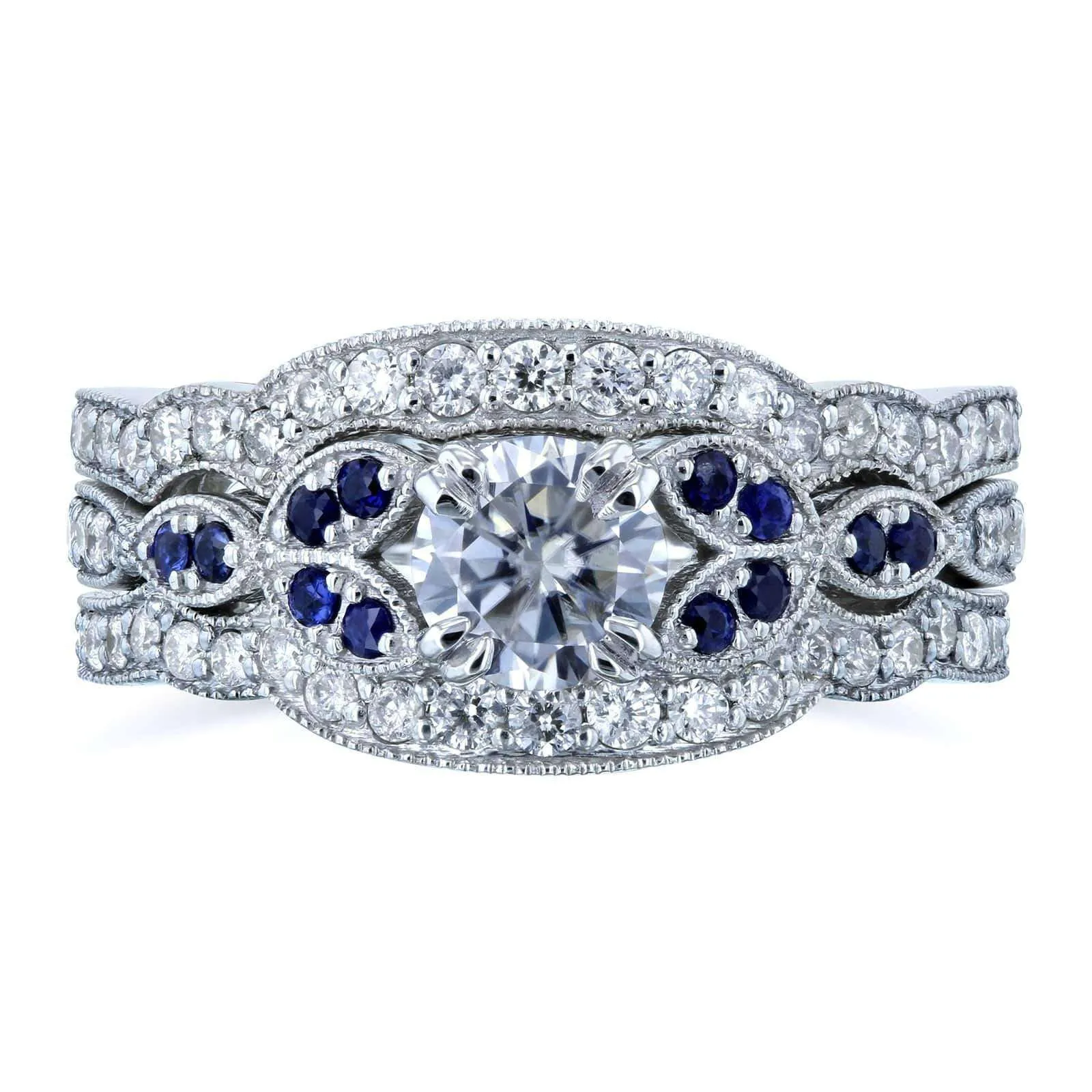 Floral Round Moissanite Double Band Bridal Set with Diamond and Sapphire 1 CTW 14k White (DEF/VS, GH/I, Blue)