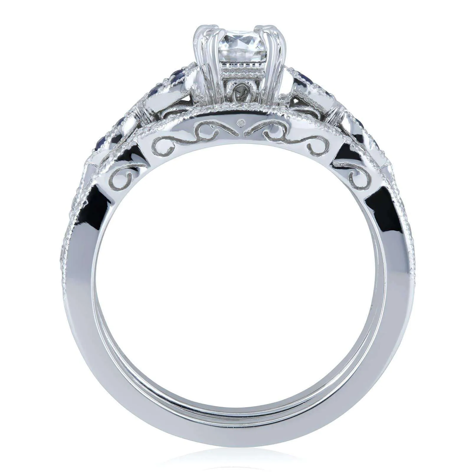 Floral Round Moissanite Double Band Bridal Set with Diamond and Sapphire 1 CTW 14k White (DEF/VS, GH/I, Blue)