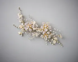 Gold Bridal Hair Clip with Pearled Leaves
