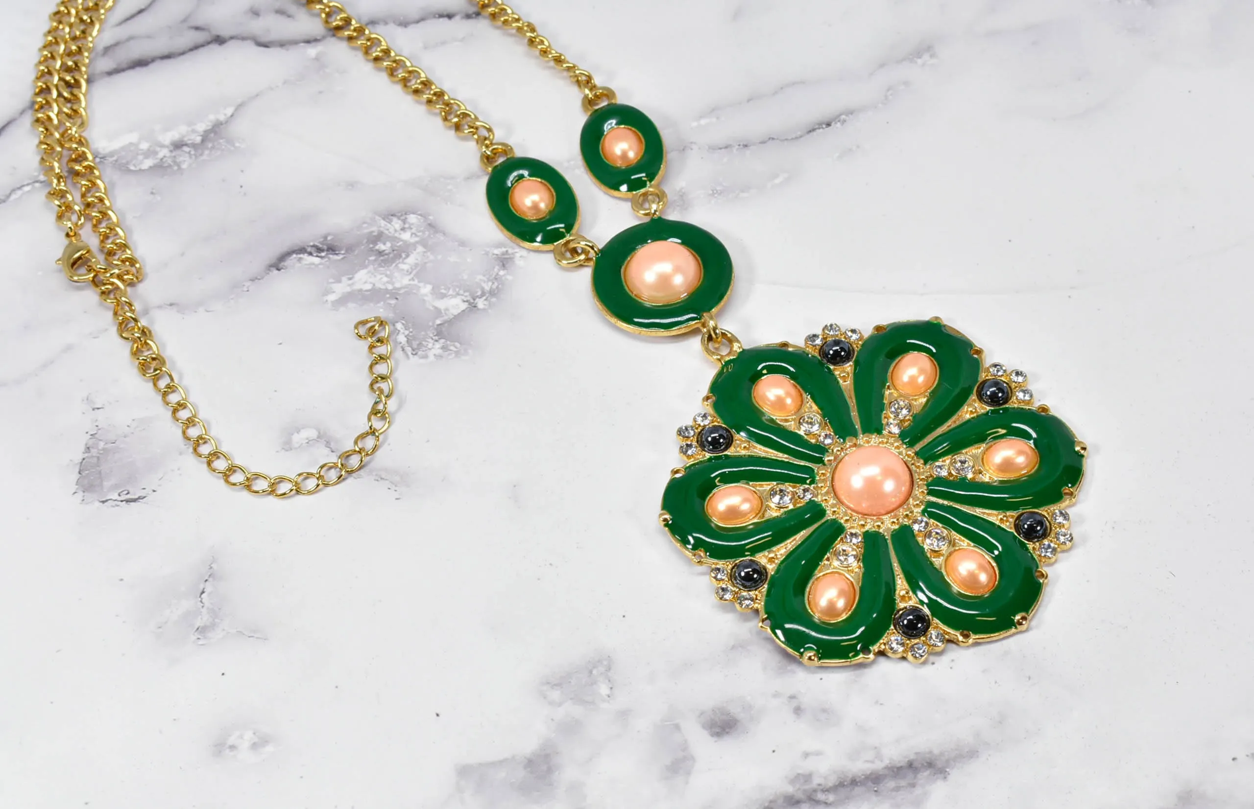 Green Flower Necklace w/ Pearls
