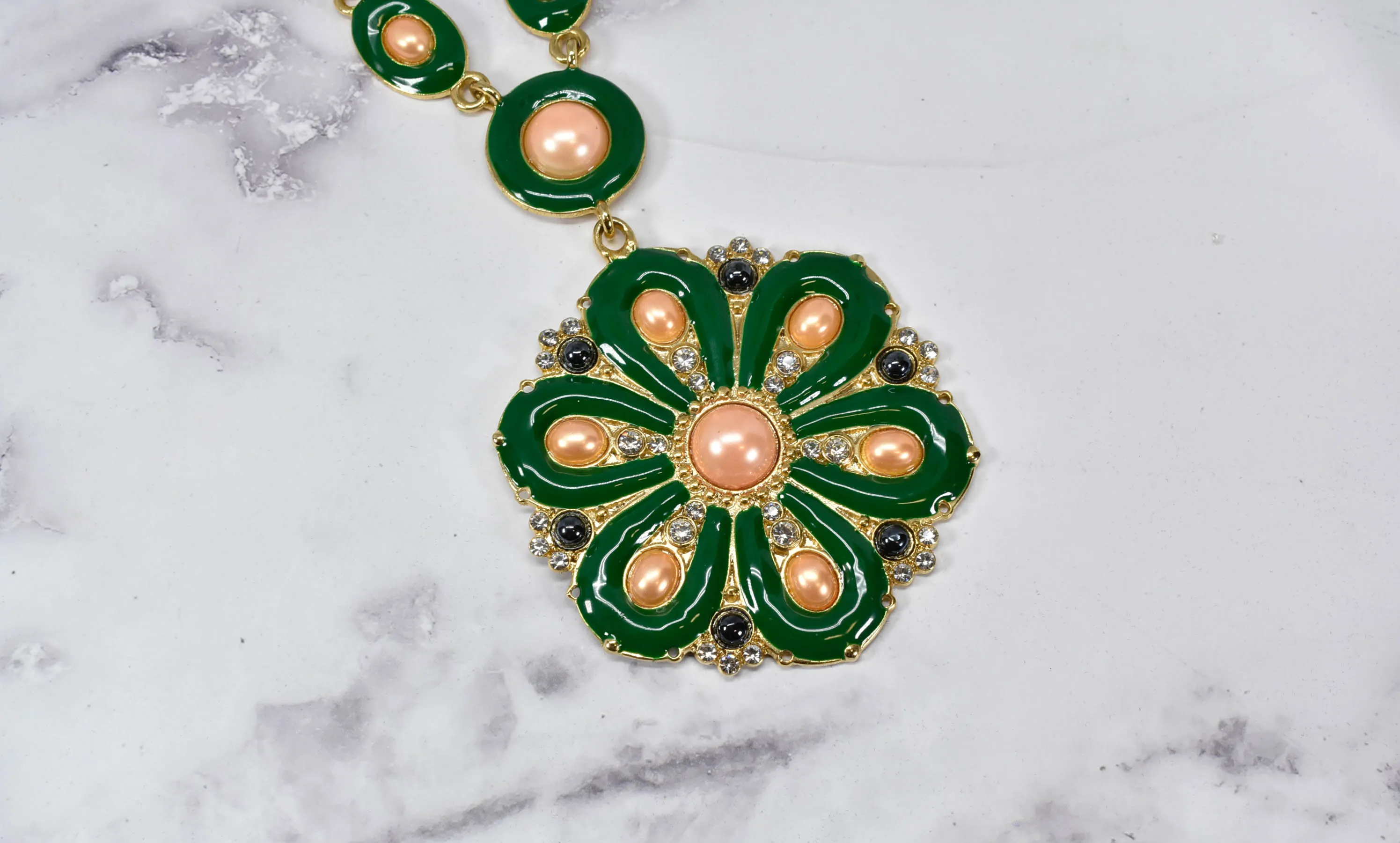 Green Flower Necklace w/ Pearls