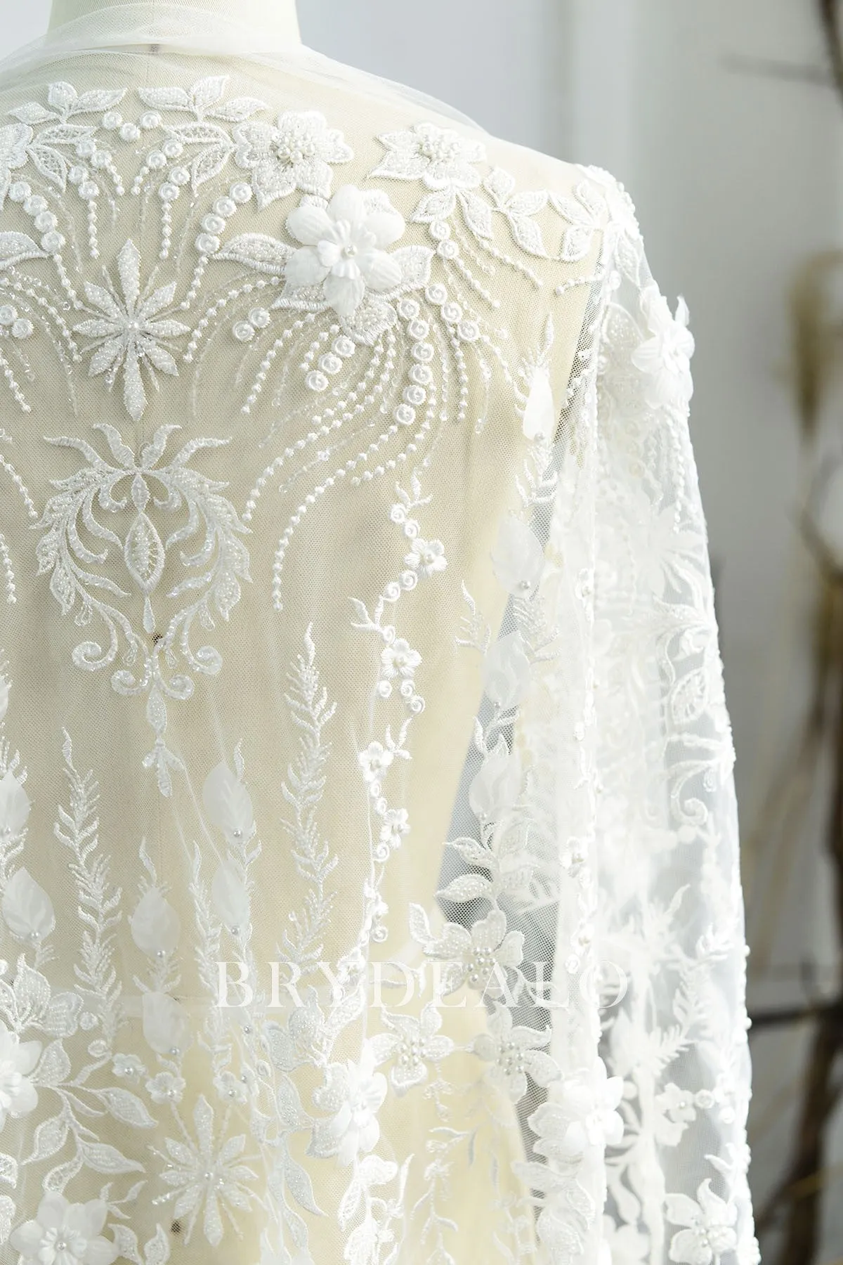 High-end Wild 3D Flower Vine Lace Fabric with Pearls