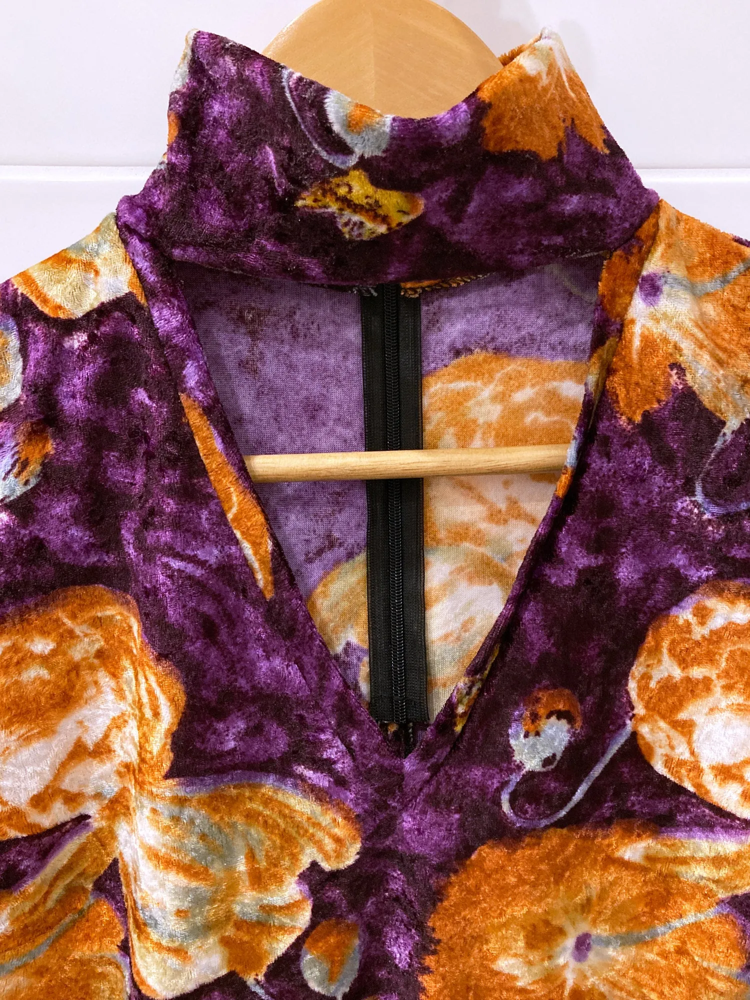 Jean Colonna orange and purple floral print velour front cut out mock neck top