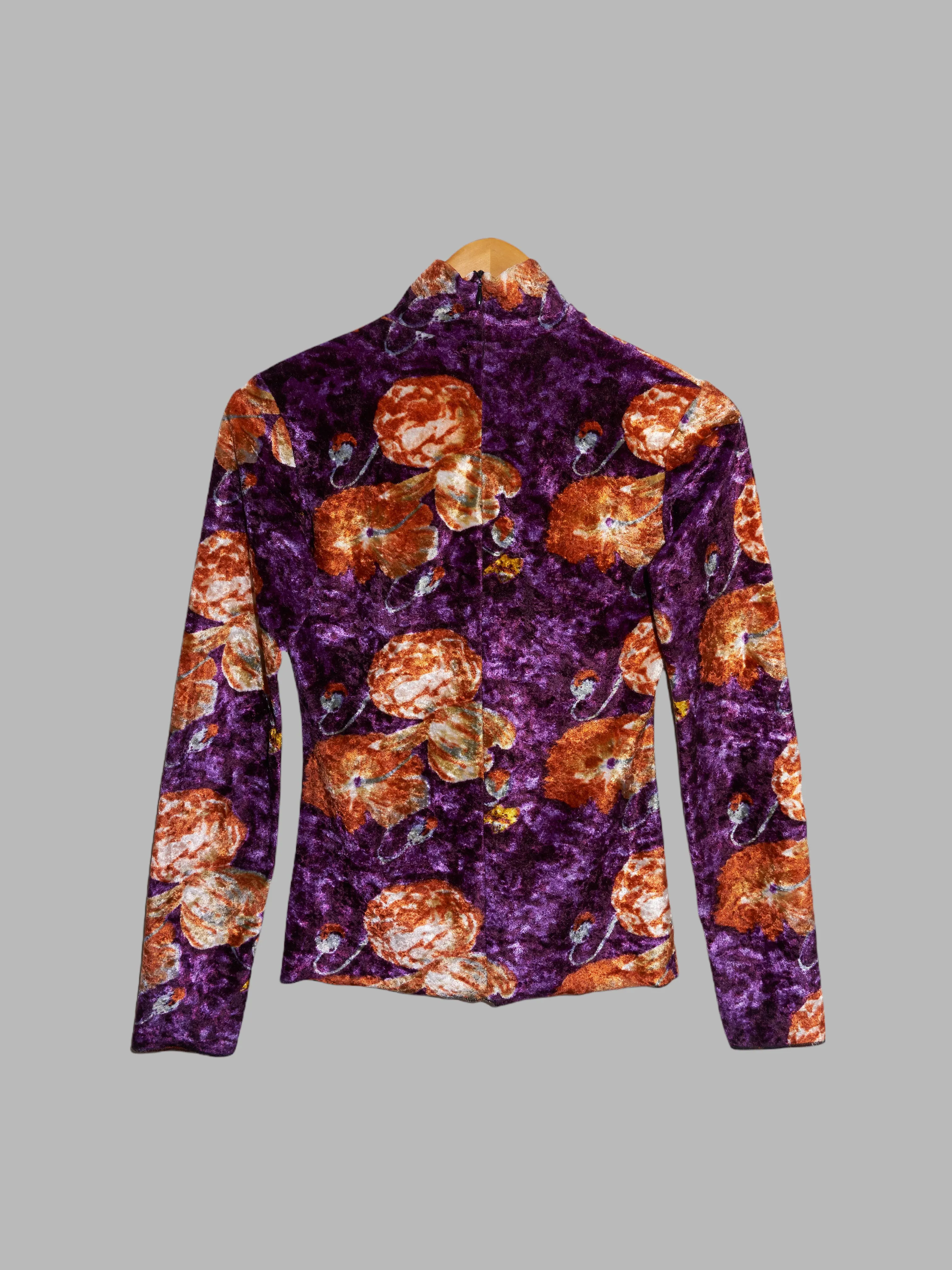 Jean Colonna orange and purple floral print velour front cut out mock neck top