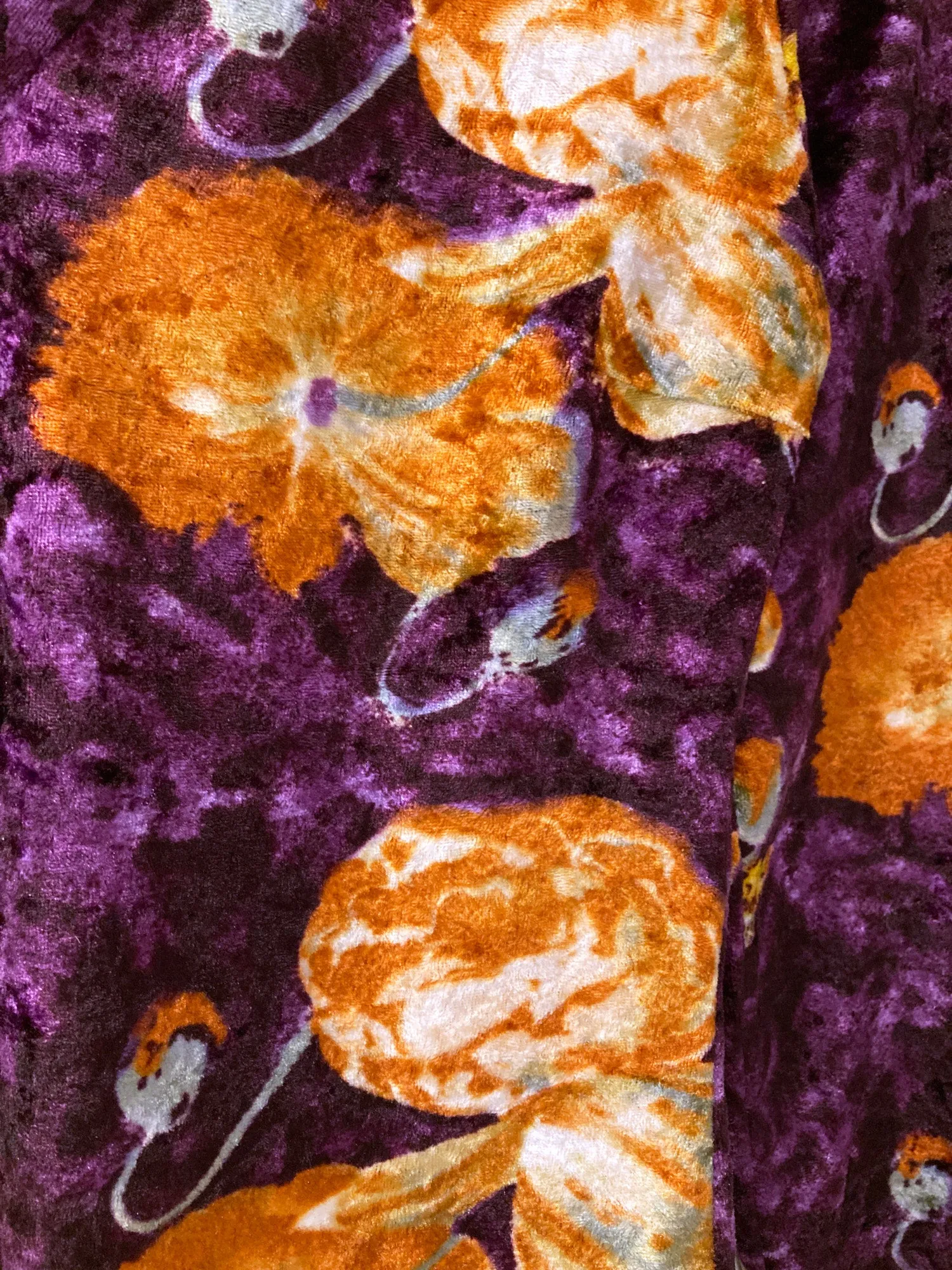 Jean Colonna orange and purple floral print velour front cut out mock neck top