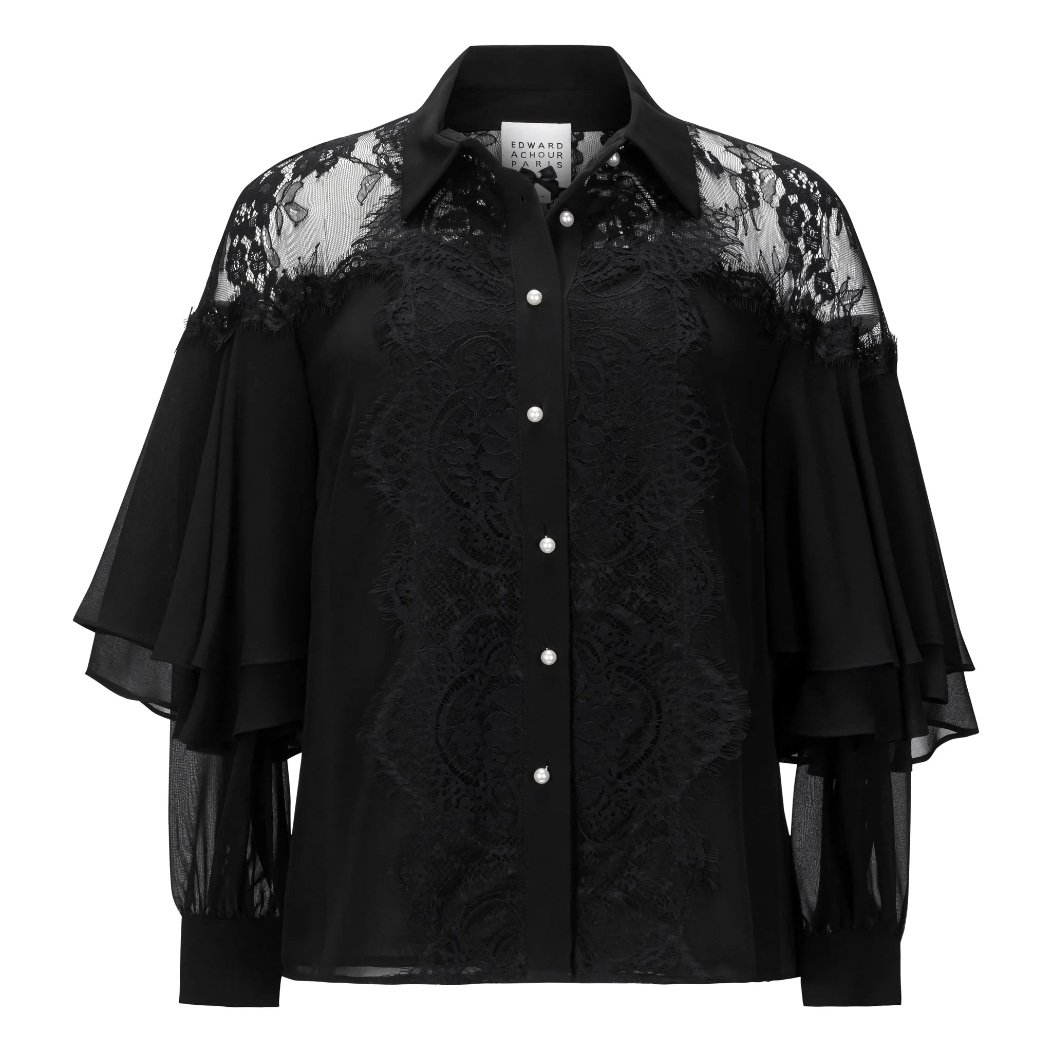 Lace Ruffle Sleeve Blouse - Black