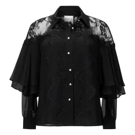 Lace Ruffle Sleeve Blouse - Black