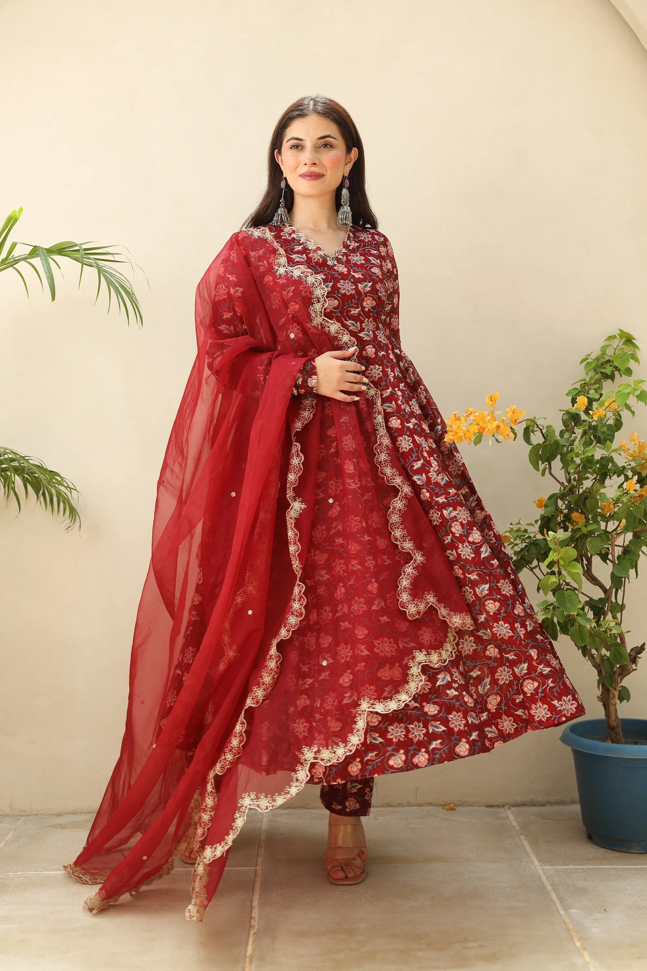 Maroon Zari Royal Chanderi Anarkali Set