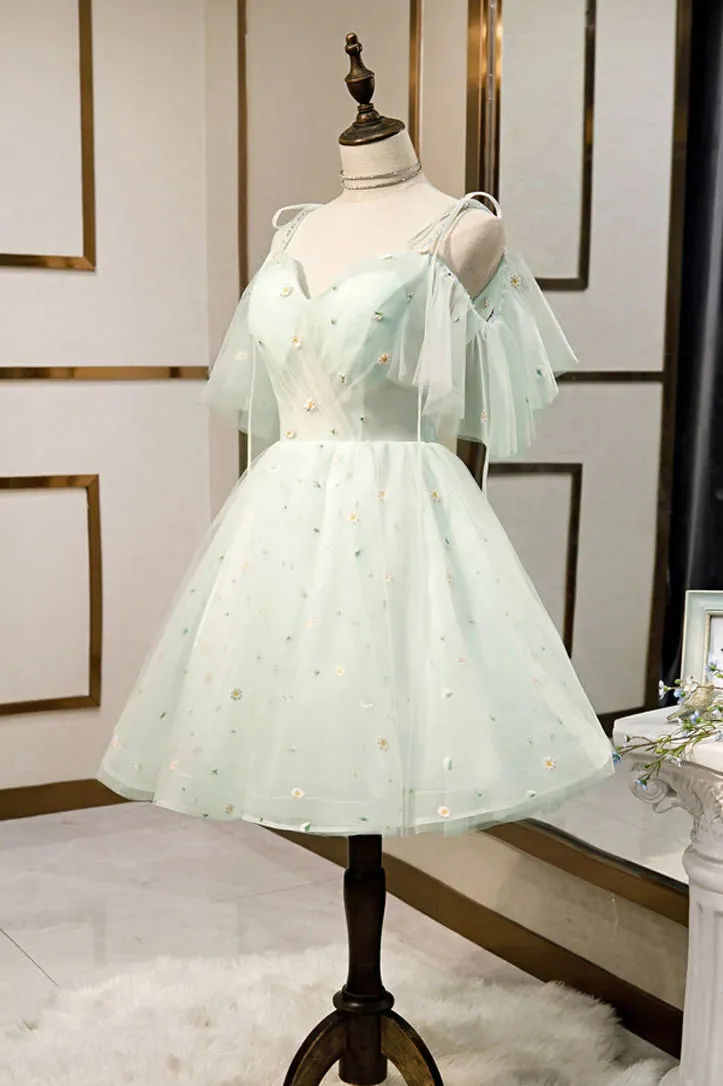 Mint Green Sweetheart Neck Tulle Short Prom Dresses, Puffy Homecoming Gown with Flower UQH0206