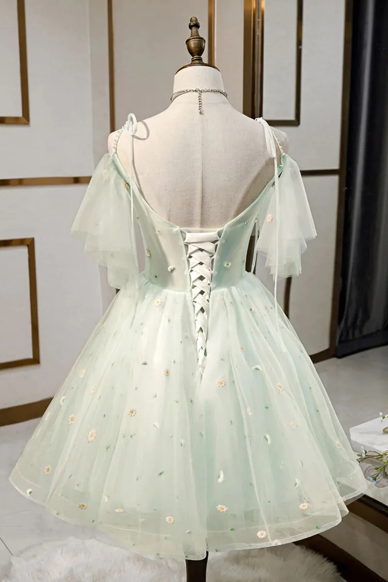 Mint Green Sweetheart Neck Tulle Short Prom Dresses, Puffy Homecoming Gown with Flower UQH0206