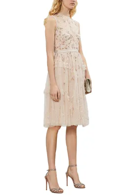 Nude Shimmer Ditsy Sleeveless Floral Embellished Midi Dress