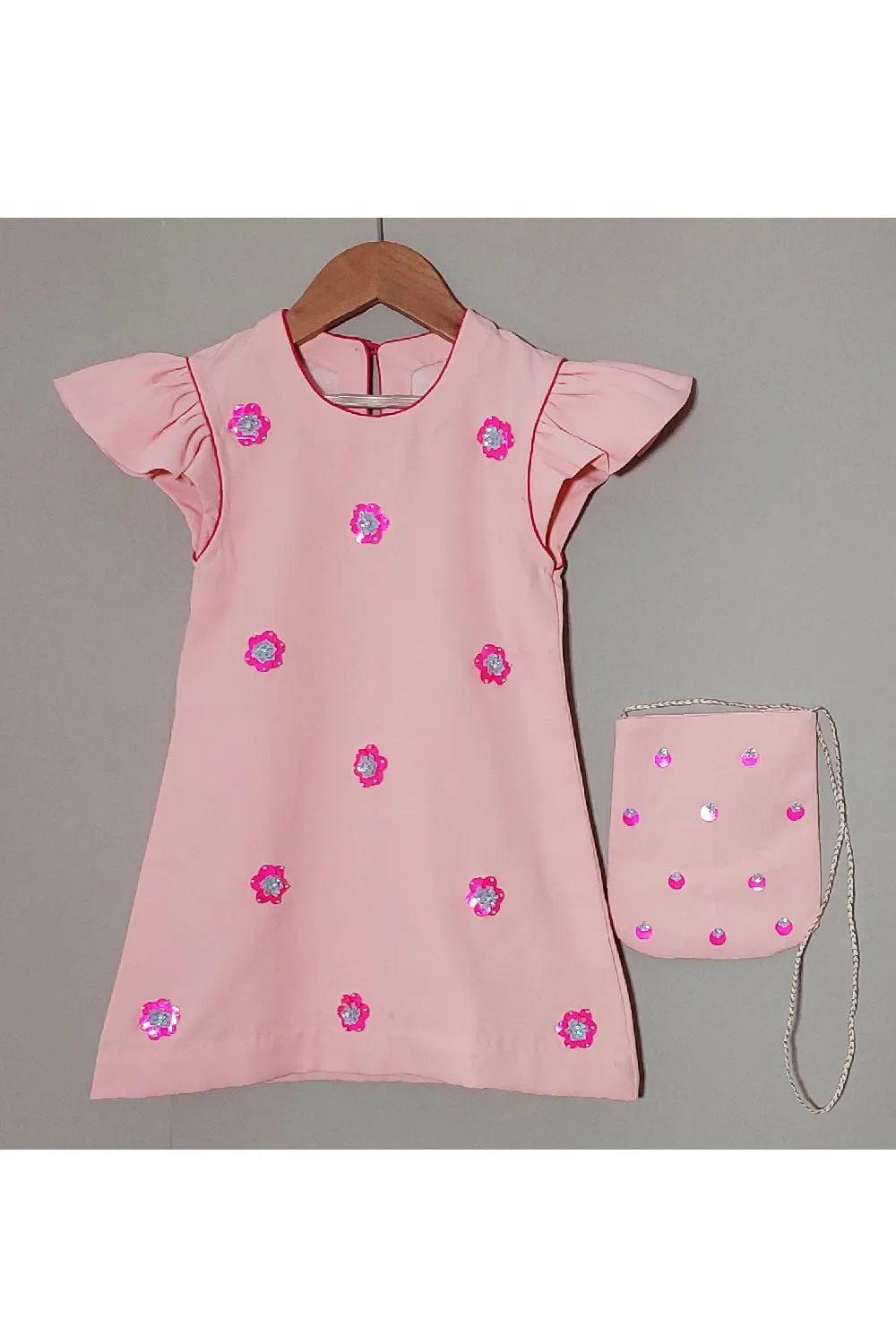 Pink Sequins Detailing Flower Crepe Dress With Sling Bag