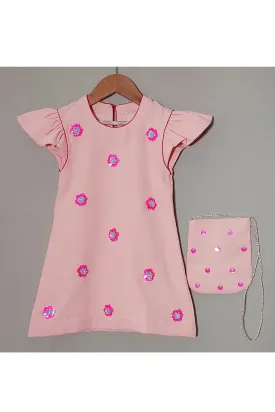 Pink Sequins Detailing Flower Crepe Dress With Sling Bag