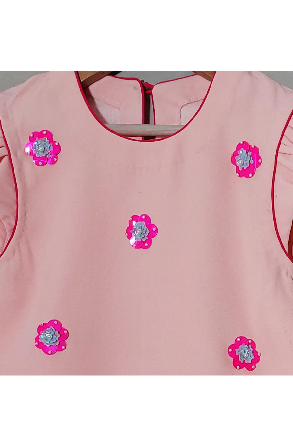 Pink Sequins Detailing Flower Crepe Dress With Sling Bag