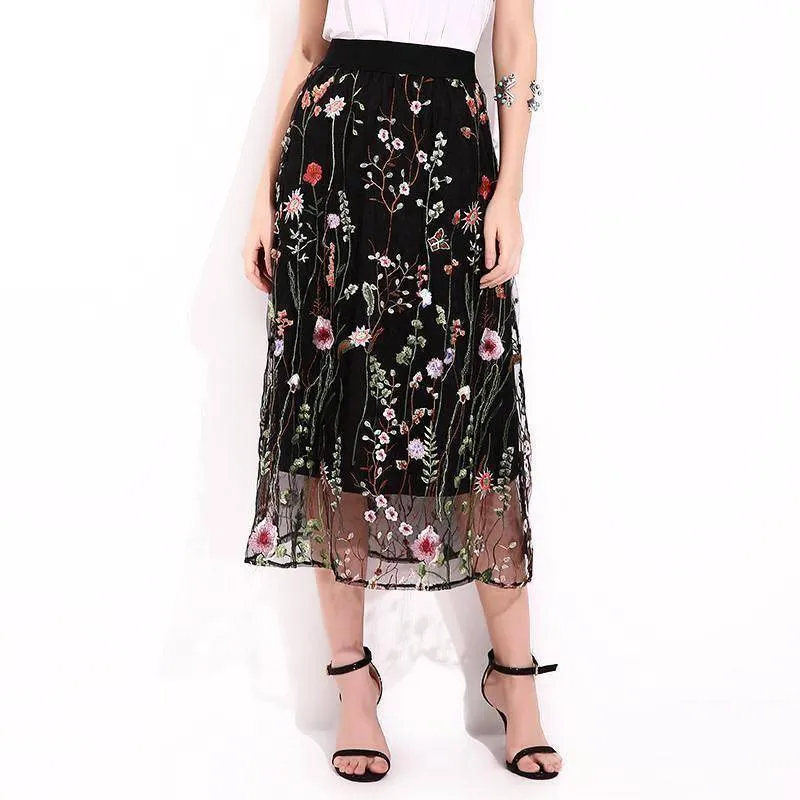 Plus Size - S-5XL Plus Size, Boho Elegant Black Floral Embroidered Mesh Overlay Midi A Line Skirts