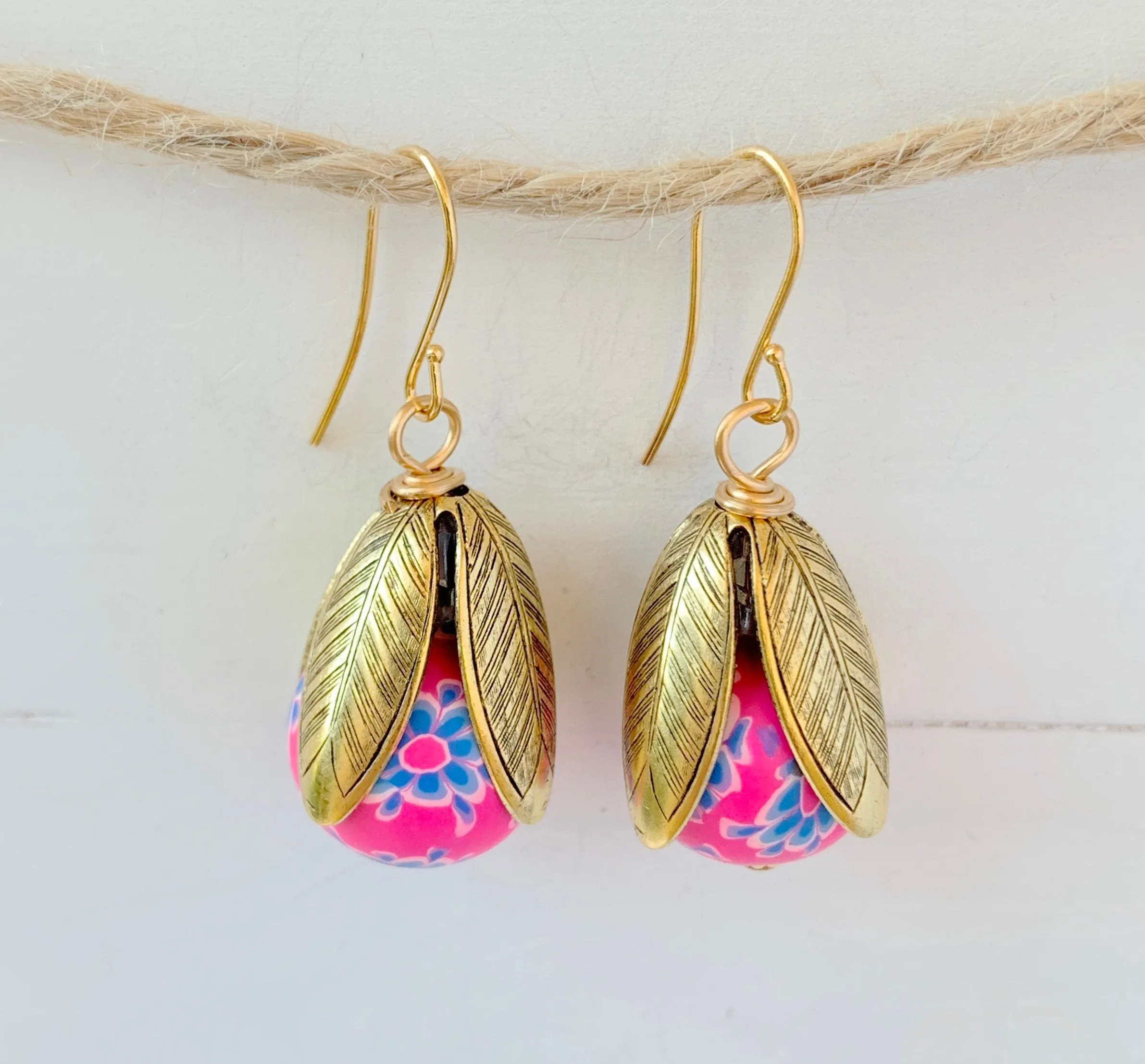 Polymer Clay Flower Bead Cap Earring in Pink & Red