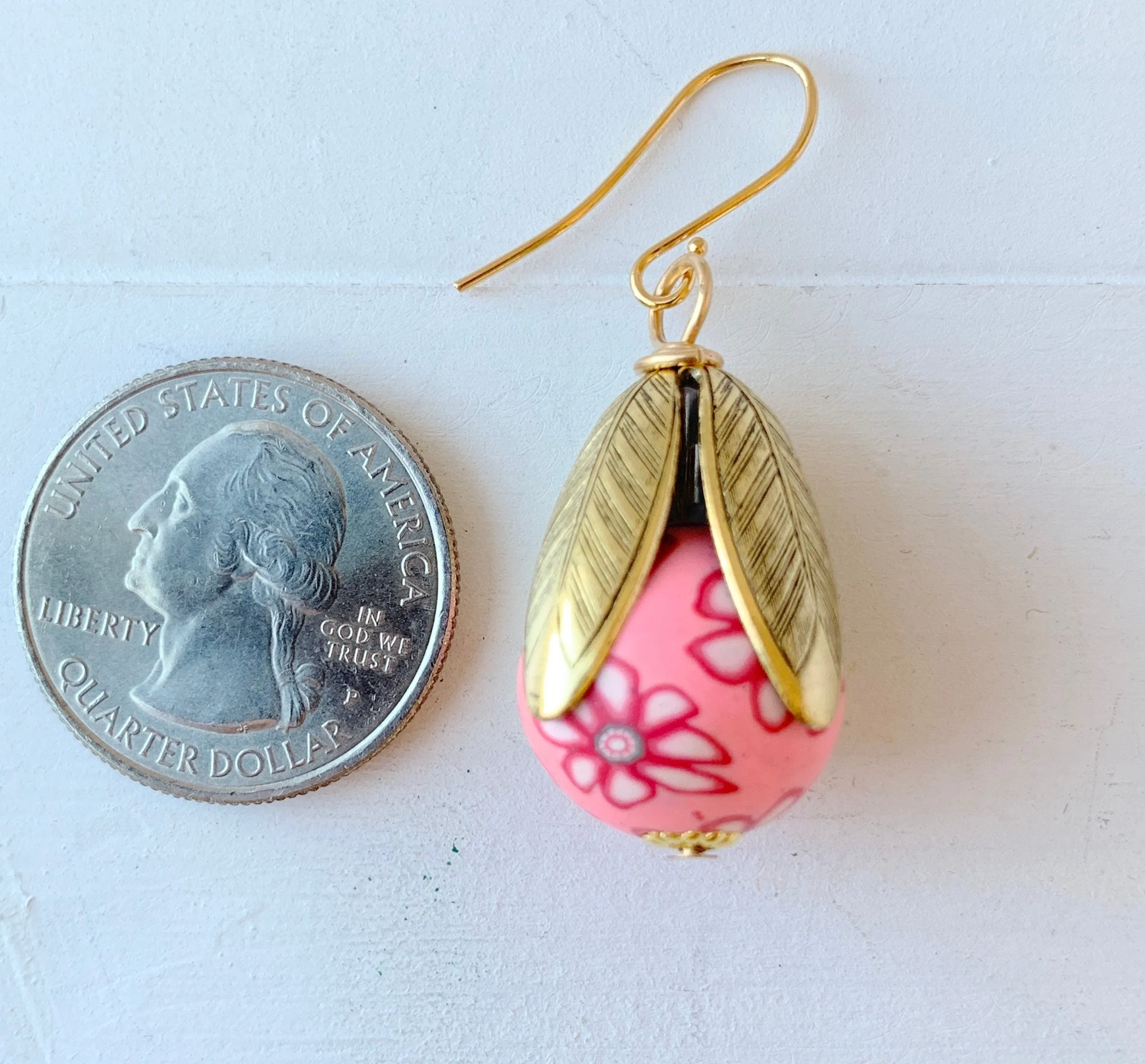 Polymer Clay Flower Bead Cap Earring in Pink & Red