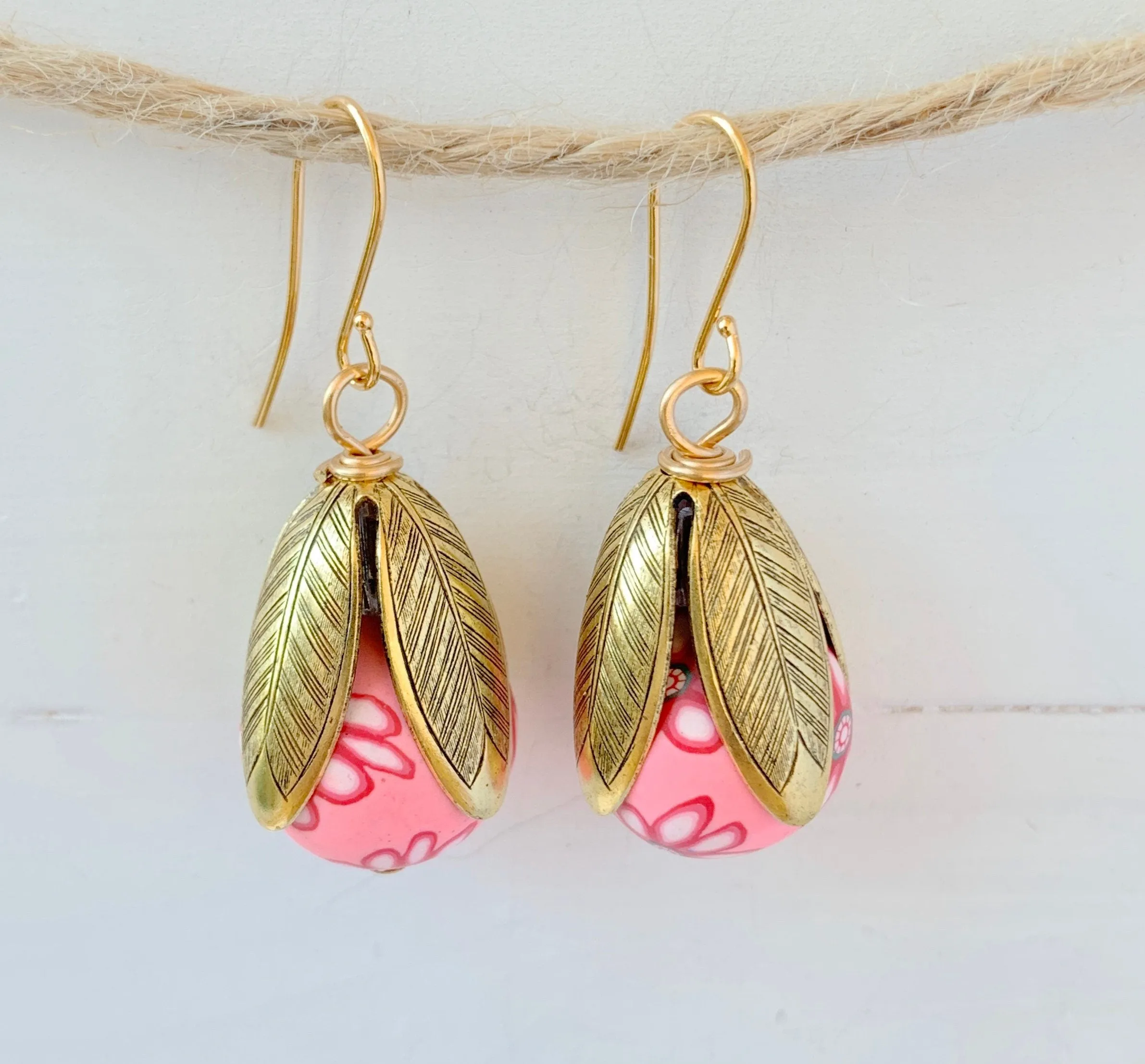 Polymer Clay Flower Bead Cap Earring in Pink & Red
