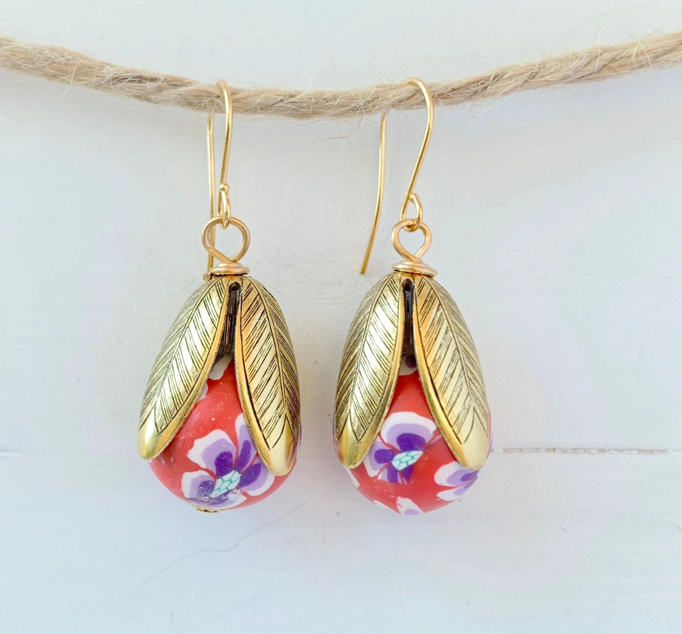 Polymer Clay Flower Bead Cap Earring in Pink & Red