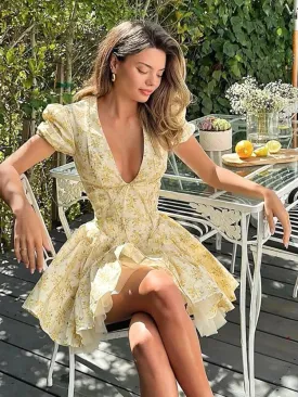 Puff Sleeve V Neck A-line Short Dresses Cottagecore Picnic Yellow Flower Summer Dress 2024 Casual Elegant C69-DG36