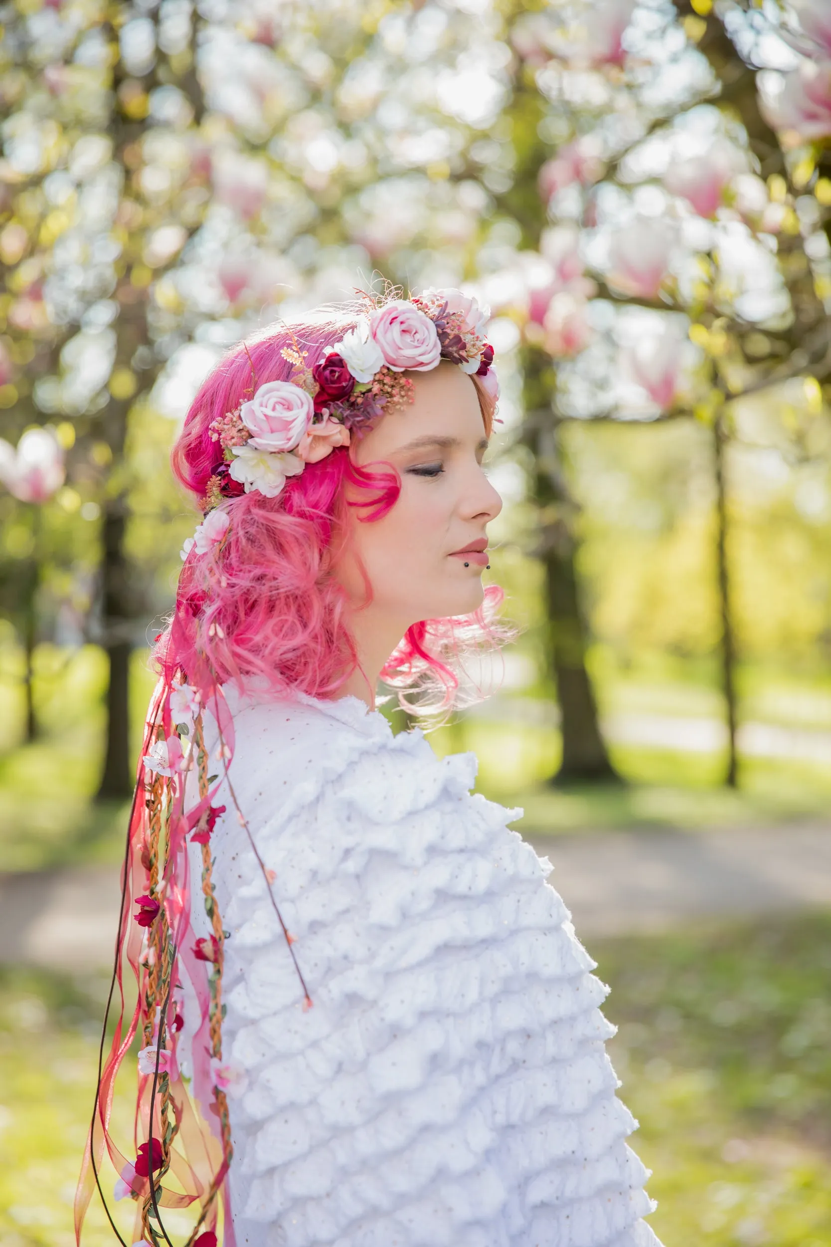 Romantic boho flower wreath Bridal pink crown with ribbons Hair wreath with veil Wedding 2021 Blush roses crown Magaela accessories