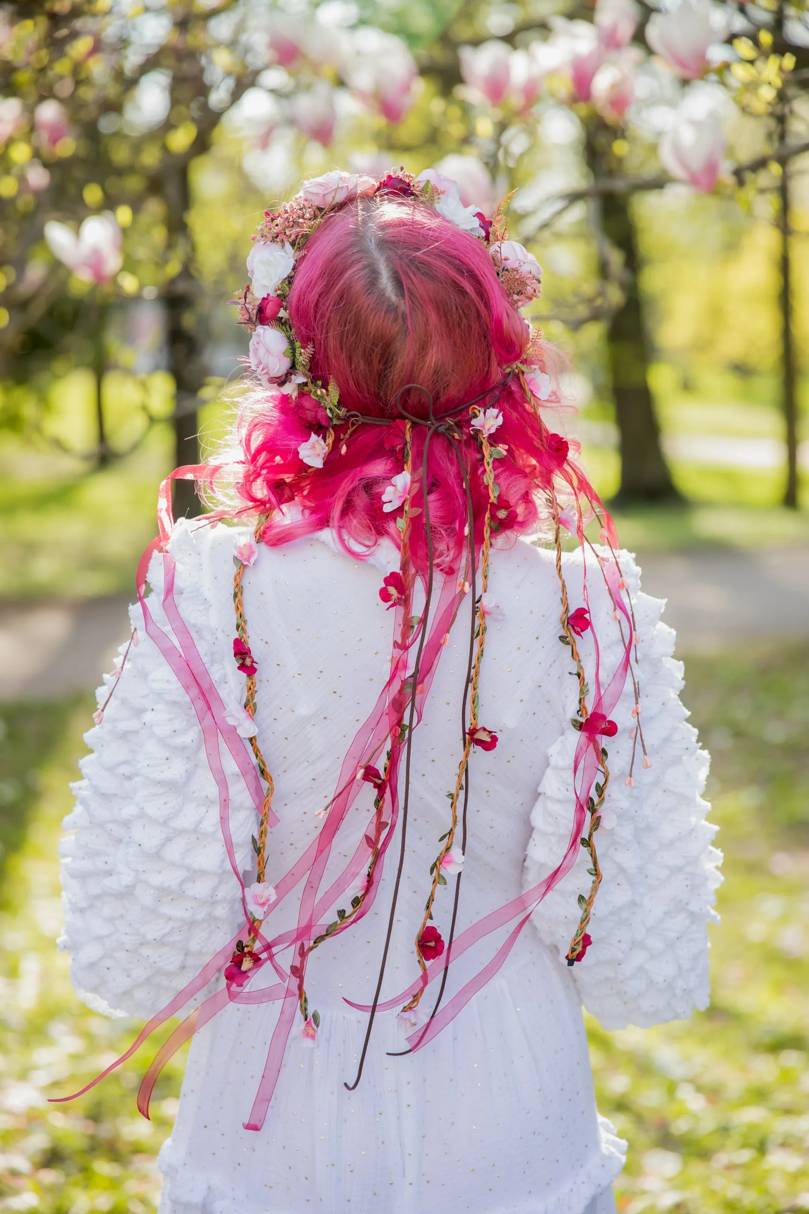 Romantic boho flower wreath Bridal pink crown with ribbons Hair wreath with veil Wedding 2021 Blush roses crown Magaela accessories