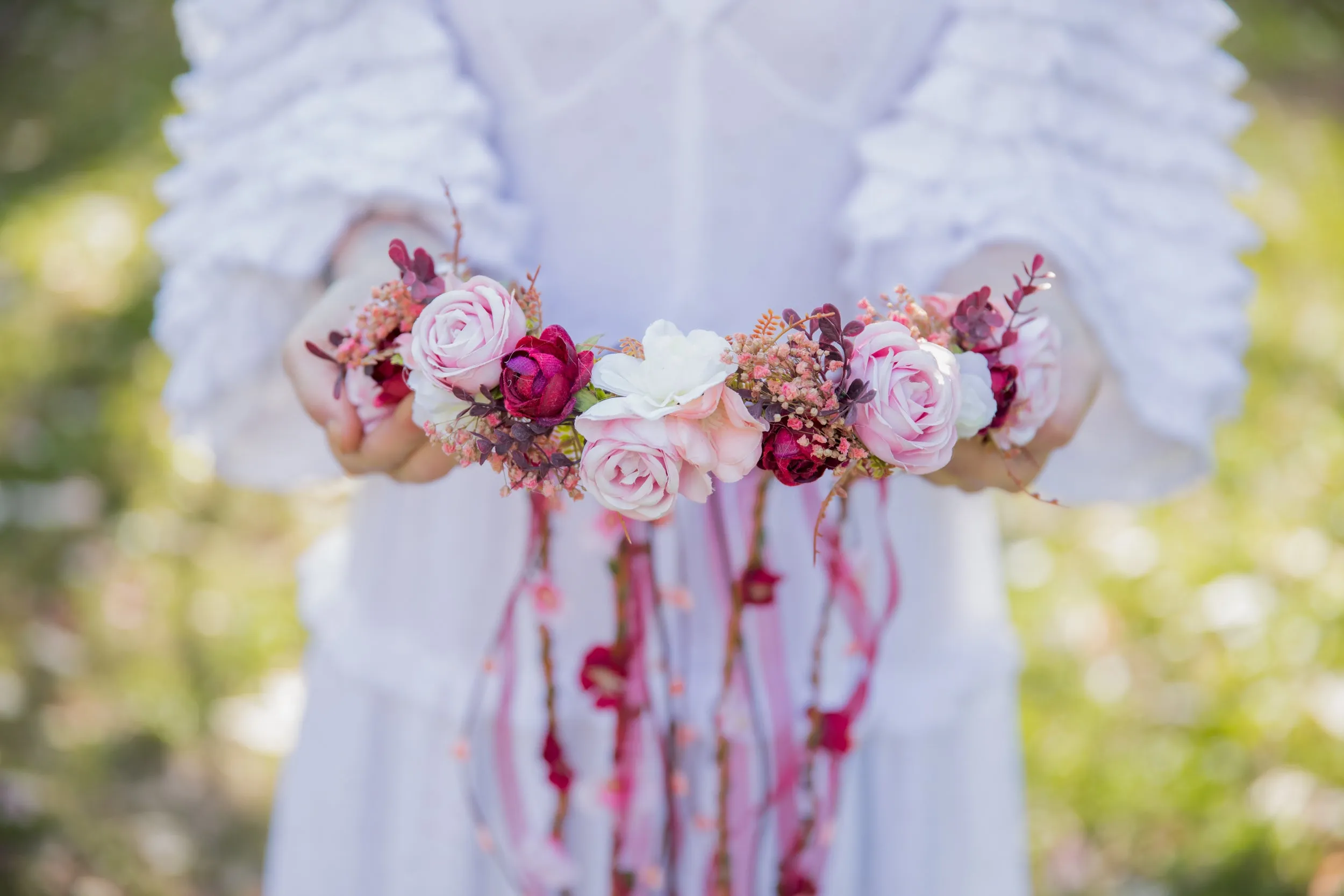 Romantic boho flower wreath Bridal pink crown with ribbons Hair wreath with veil Wedding 2021 Blush roses crown Magaela accessories