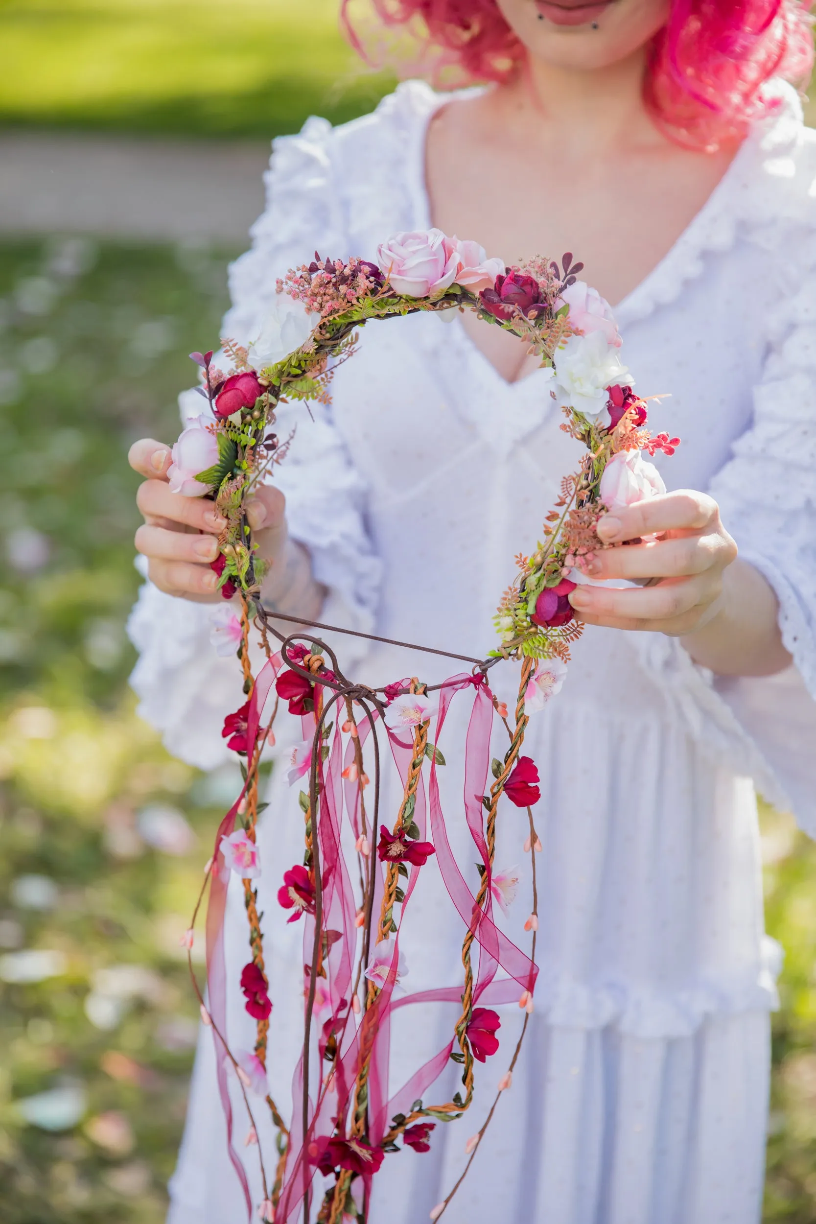 Romantic boho flower wreath Bridal pink crown with ribbons Hair wreath with veil Wedding 2021 Blush roses crown Magaela accessories