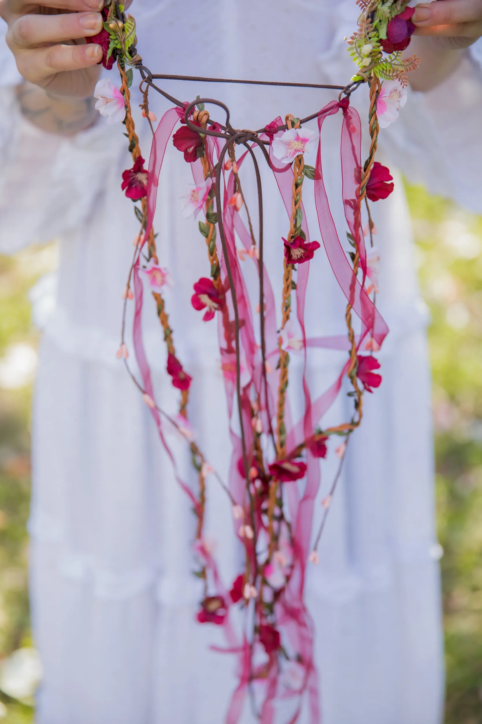 Romantic boho flower wreath Bridal pink crown with ribbons Hair wreath with veil Wedding 2021 Blush roses crown Magaela accessories