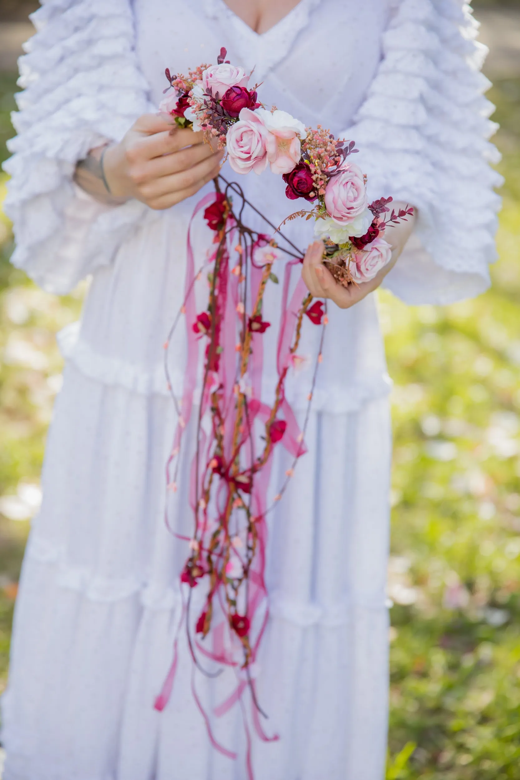 Romantic boho flower wreath Bridal pink crown with ribbons Hair wreath with veil Wedding 2021 Blush roses crown Magaela accessories