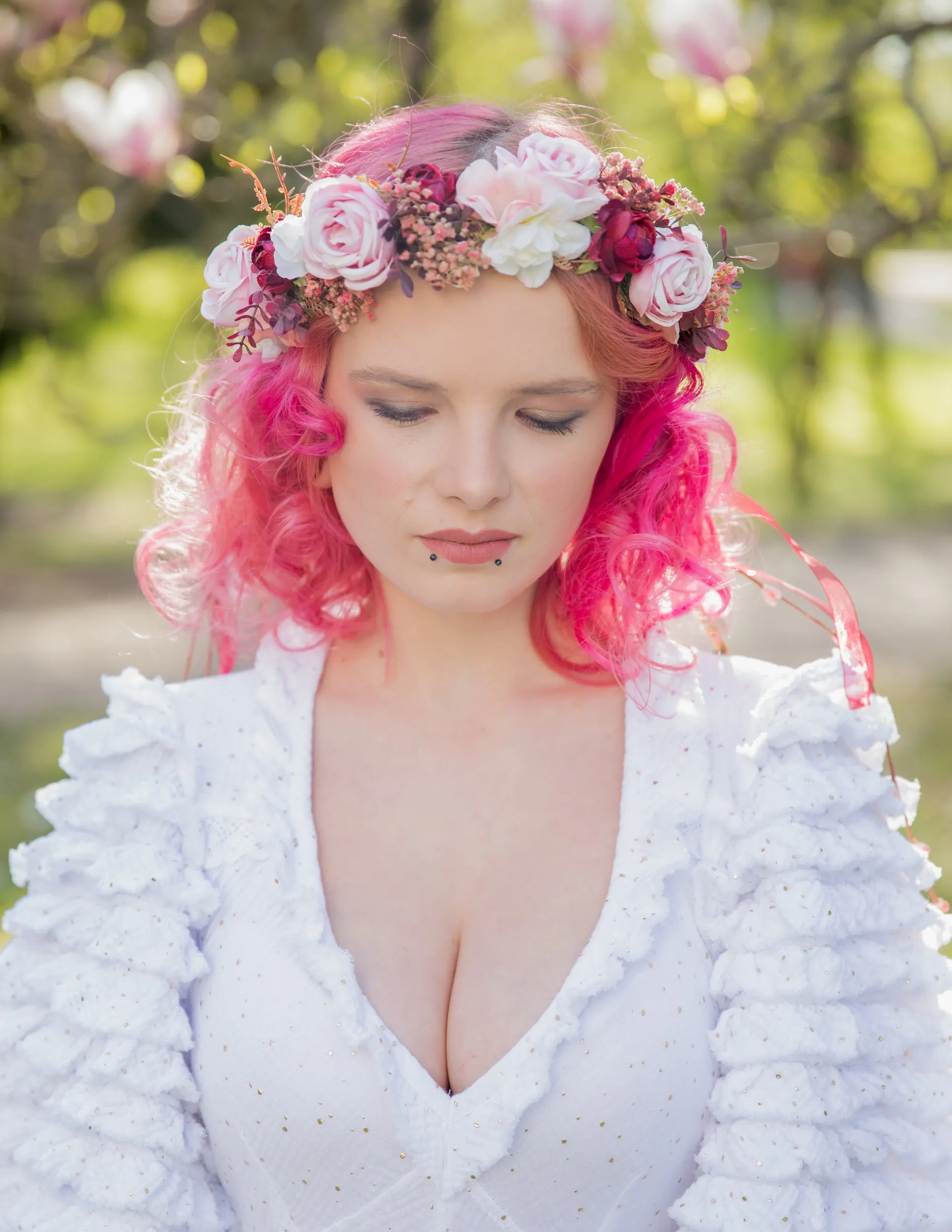 Romantic boho flower wreath Bridal pink crown with ribbons Hair wreath with veil Wedding 2021 Blush roses crown Magaela accessories