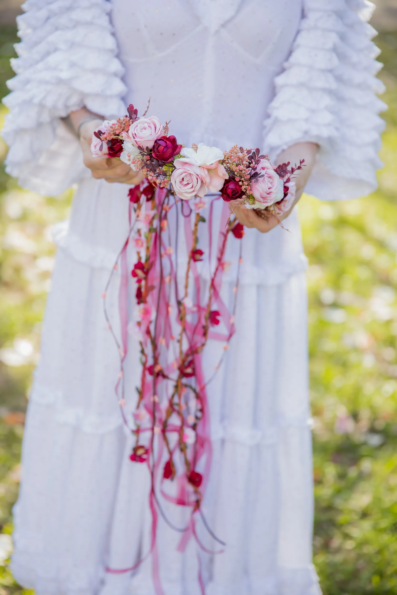 Romantic boho flower wreath Bridal pink crown with ribbons Hair wreath with veil Wedding 2021 Blush roses crown Magaela accessories