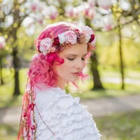 Romantic boho flower wreath Bridal pink crown with ribbons Hair wreath with veil Wedding 2021 Blush roses crown Magaela accessories