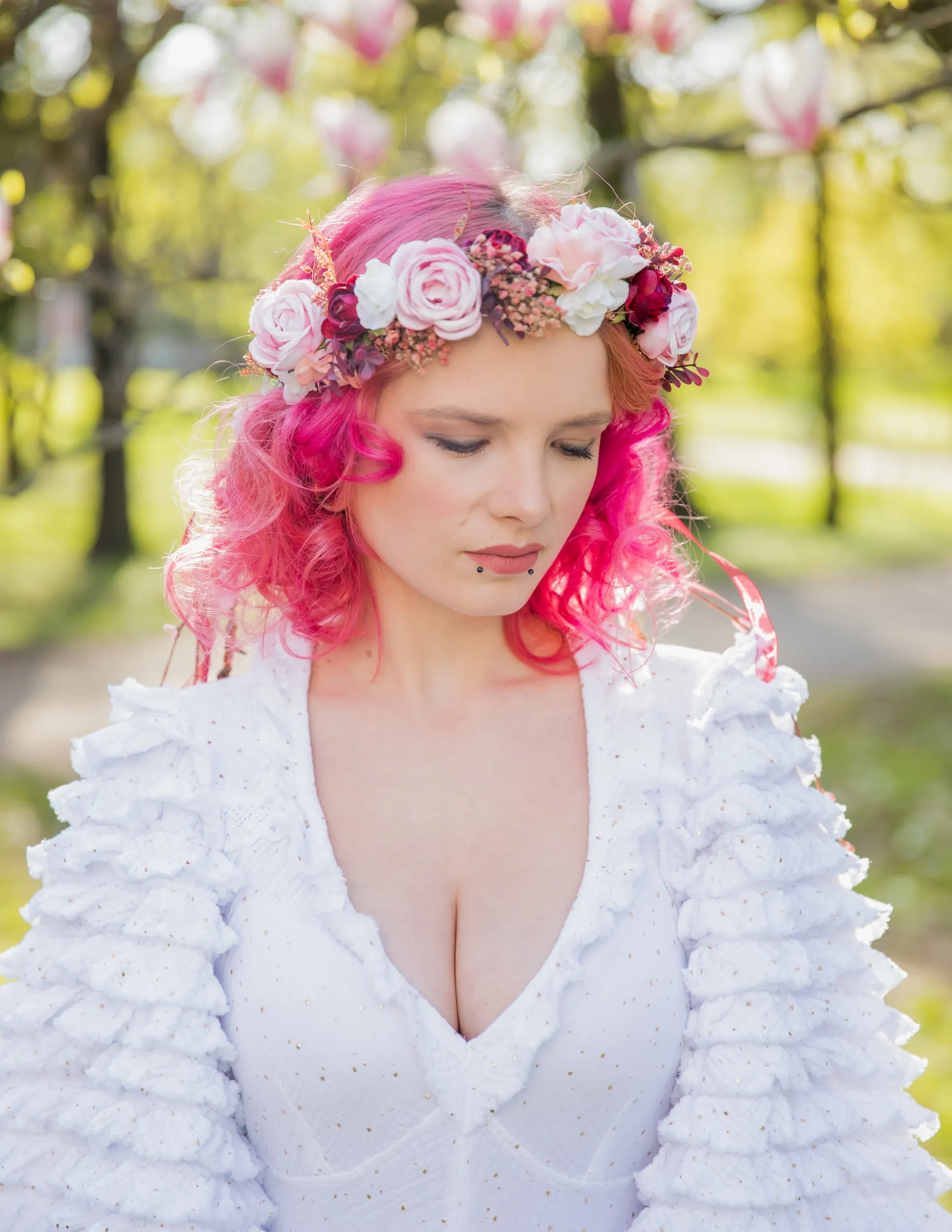 Romantic boho flower wreath Bridal pink crown with ribbons Hair wreath with veil Wedding 2021 Blush roses crown Magaela accessories