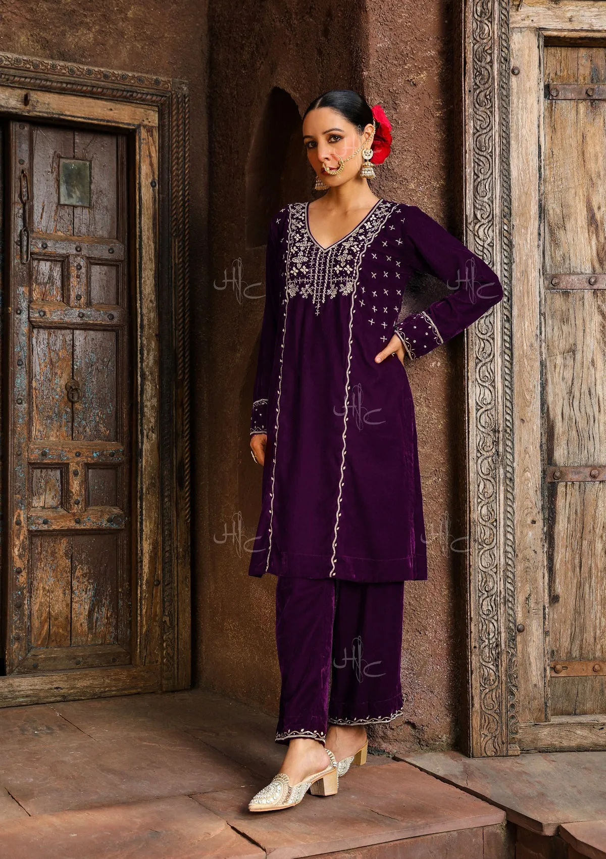 Rumi Embroidered Velvet Straight Kurta Set