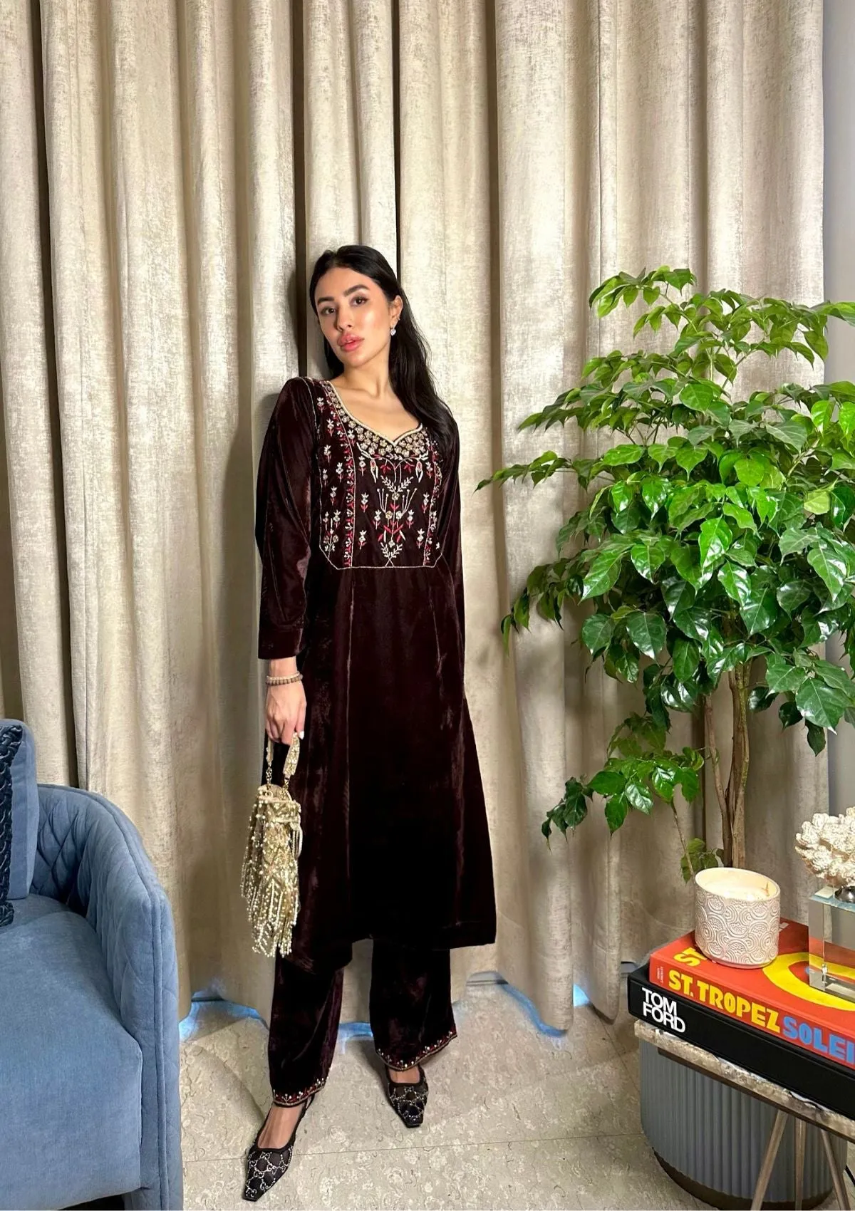 Rumi Embroidered Velvet Straight Kurta Set
