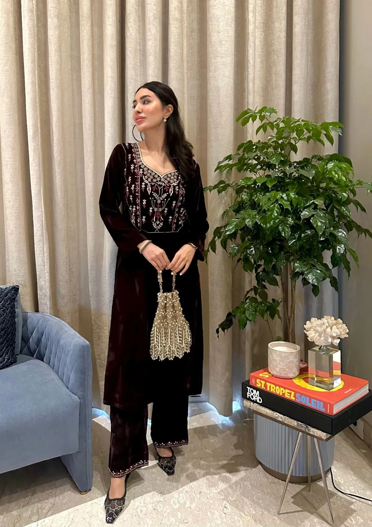 Rumi Embroidered Velvet Straight Kurta Set