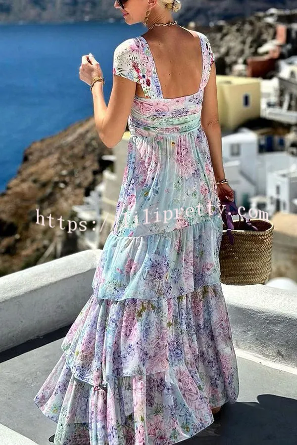 Santorini Pastels Printed Flower Pendant Ruched Layered Maxi Dress