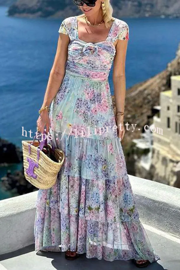 Santorini Pastels Printed Flower Pendant Ruched Layered Maxi Dress