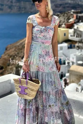 Santorini Pastels Printed Flower Pendant Ruched Layered Maxi Dress