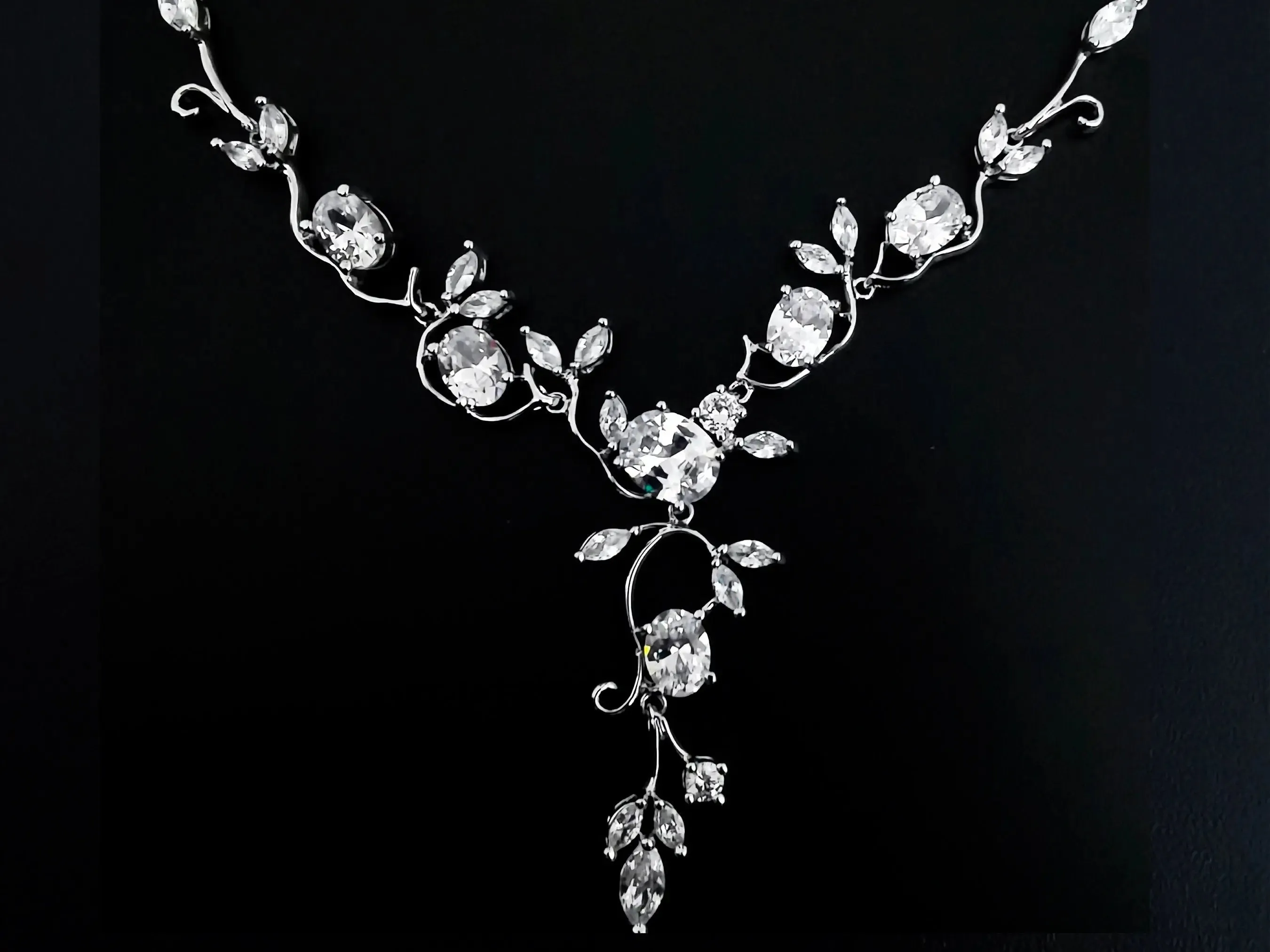 Simple Floral Vine Jewelry Set, Platinum Plated Cubic Zirconia