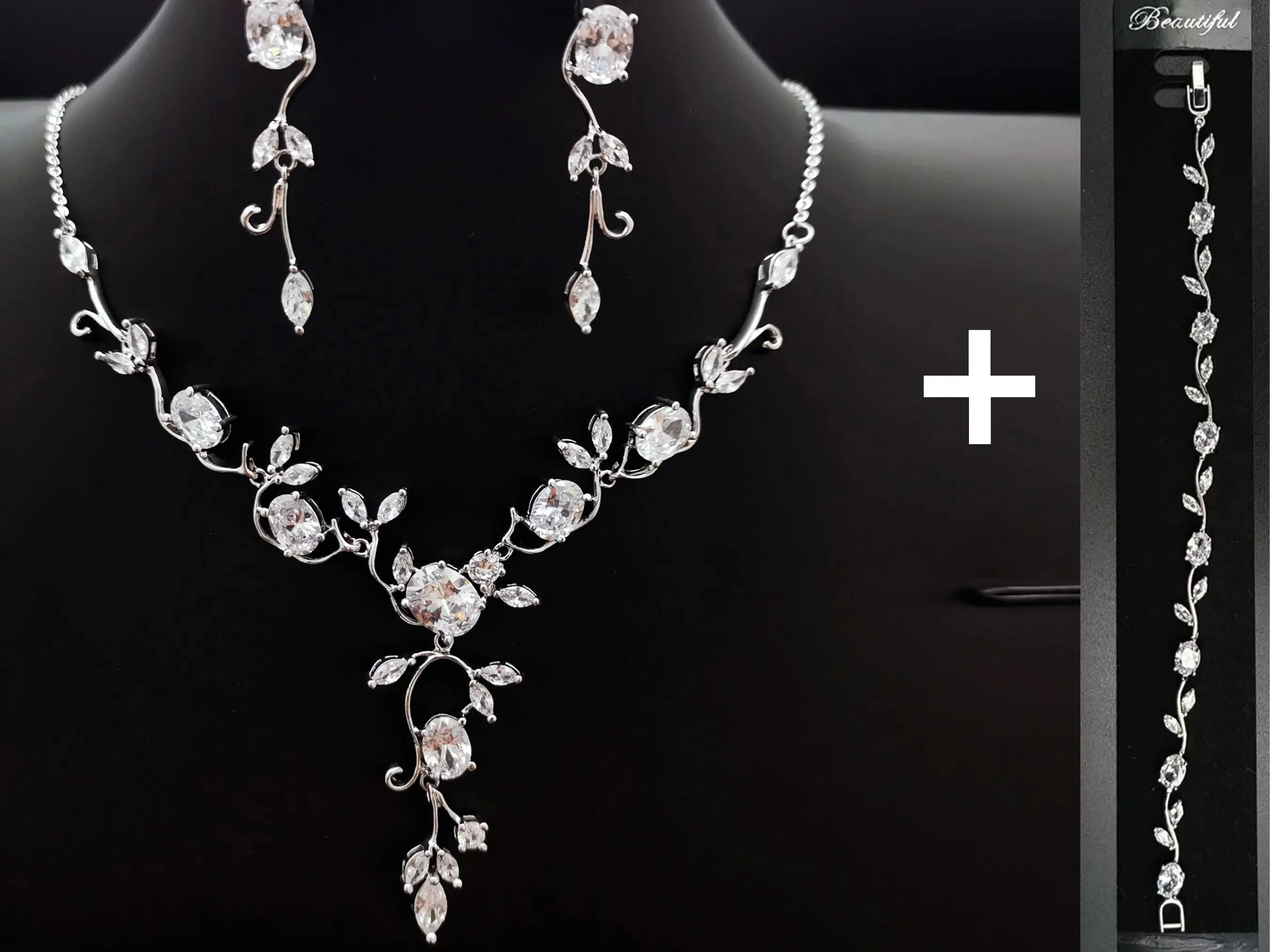 Simple Floral Vine Jewelry Set, Platinum Plated Cubic Zirconia