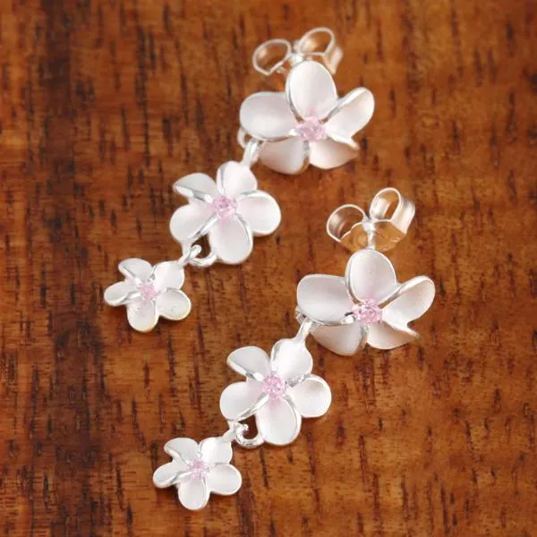 Sterling Silver 12-10-8mm Plumeria with Pink CZ Post Earrings