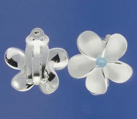 Sterling Silver 18mm Plumeria with Blue CZ Sandblast Clip Earrings