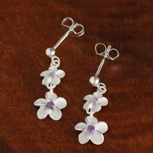 Sterling Silver 6-8mm Plumeria with Purple CZ and Bead Post Earrings