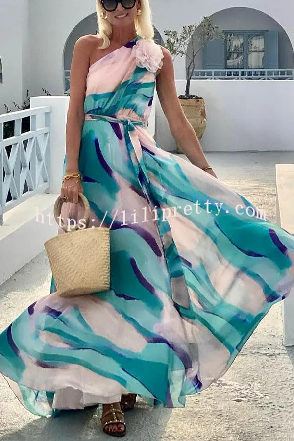 Summer Pastels Printed Flower Pendant One Shoulder Belt Maxi Dress