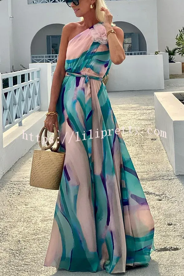 Summer Pastels Printed Flower Pendant One Shoulder Belt Maxi Dress