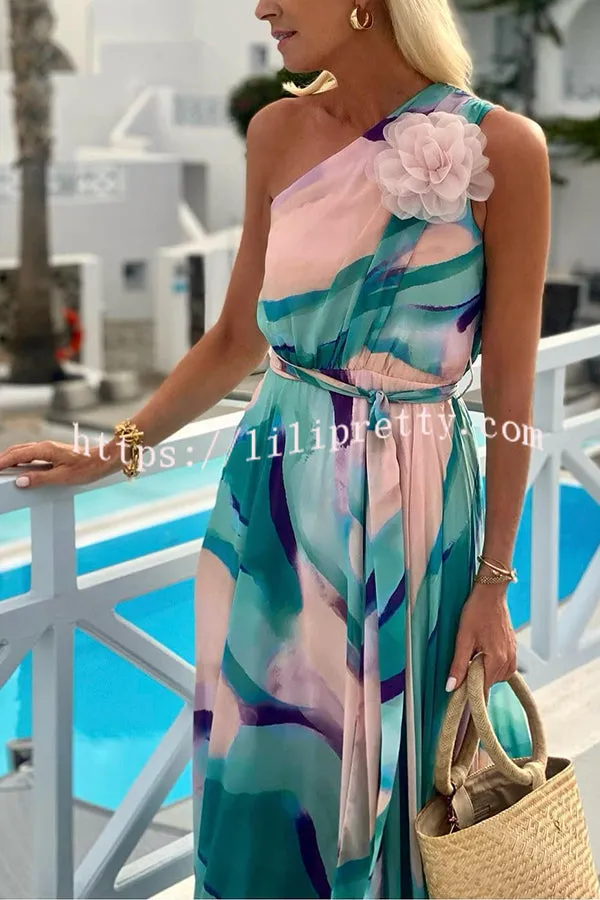 Summer Pastels Printed Flower Pendant One Shoulder Belt Maxi Dress