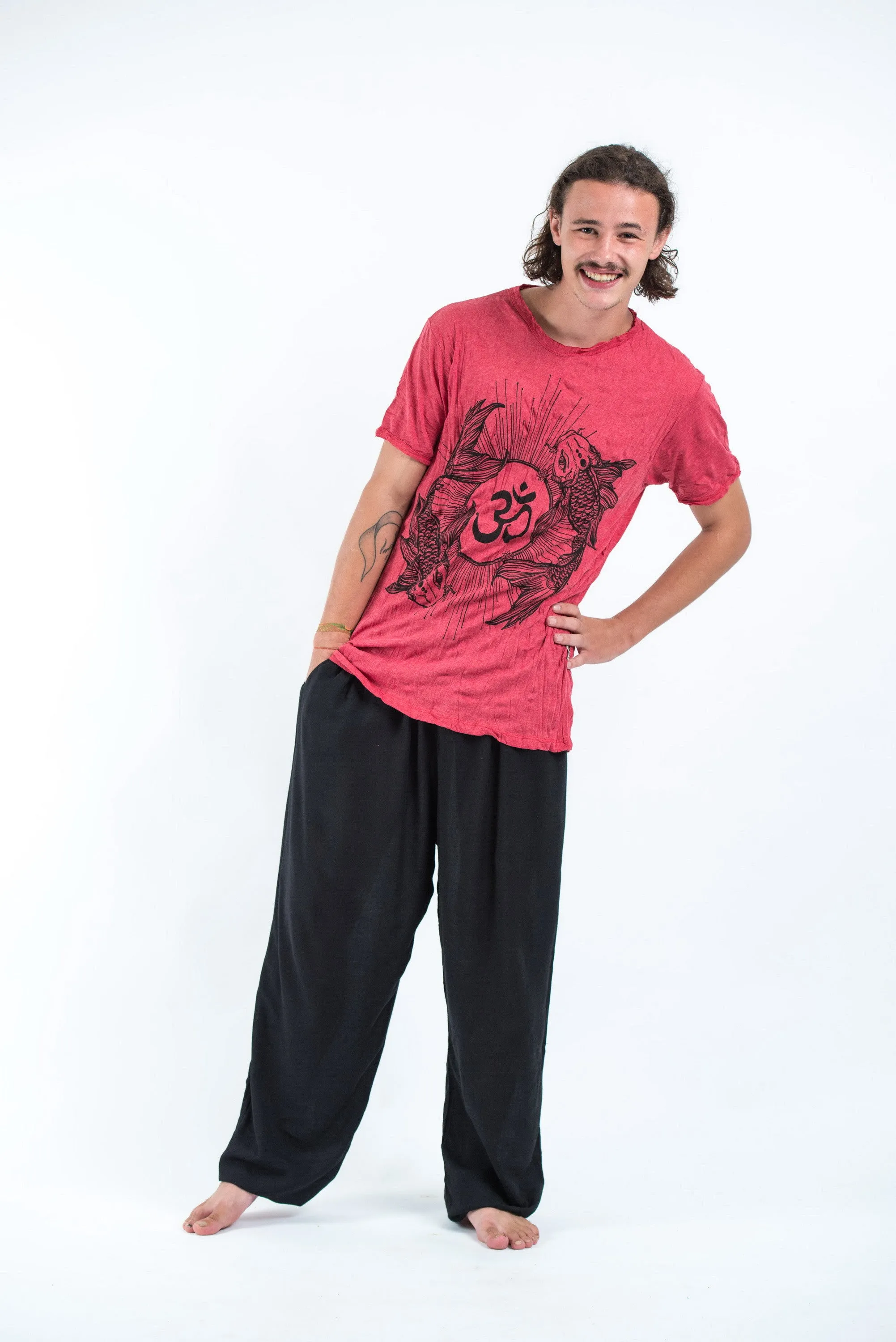 Sure Design Mens Ohm and Koi fish T-Shirt Red
