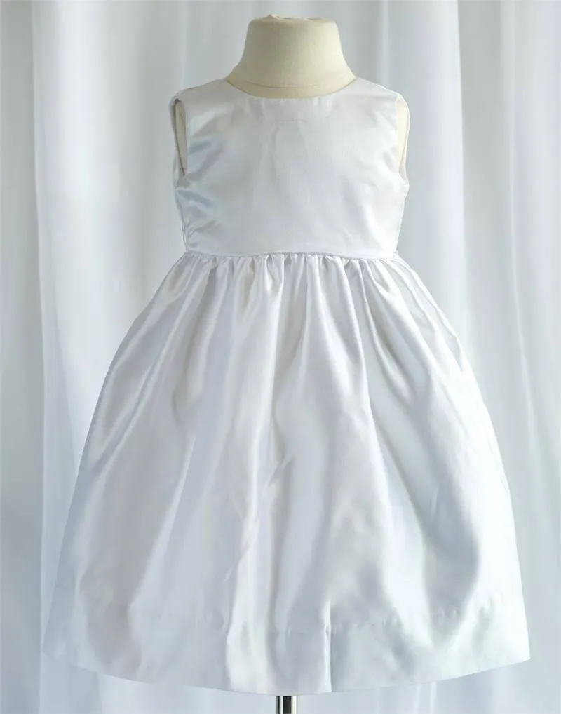 White Sleveeless Satin Flower Girl Dress with Sash